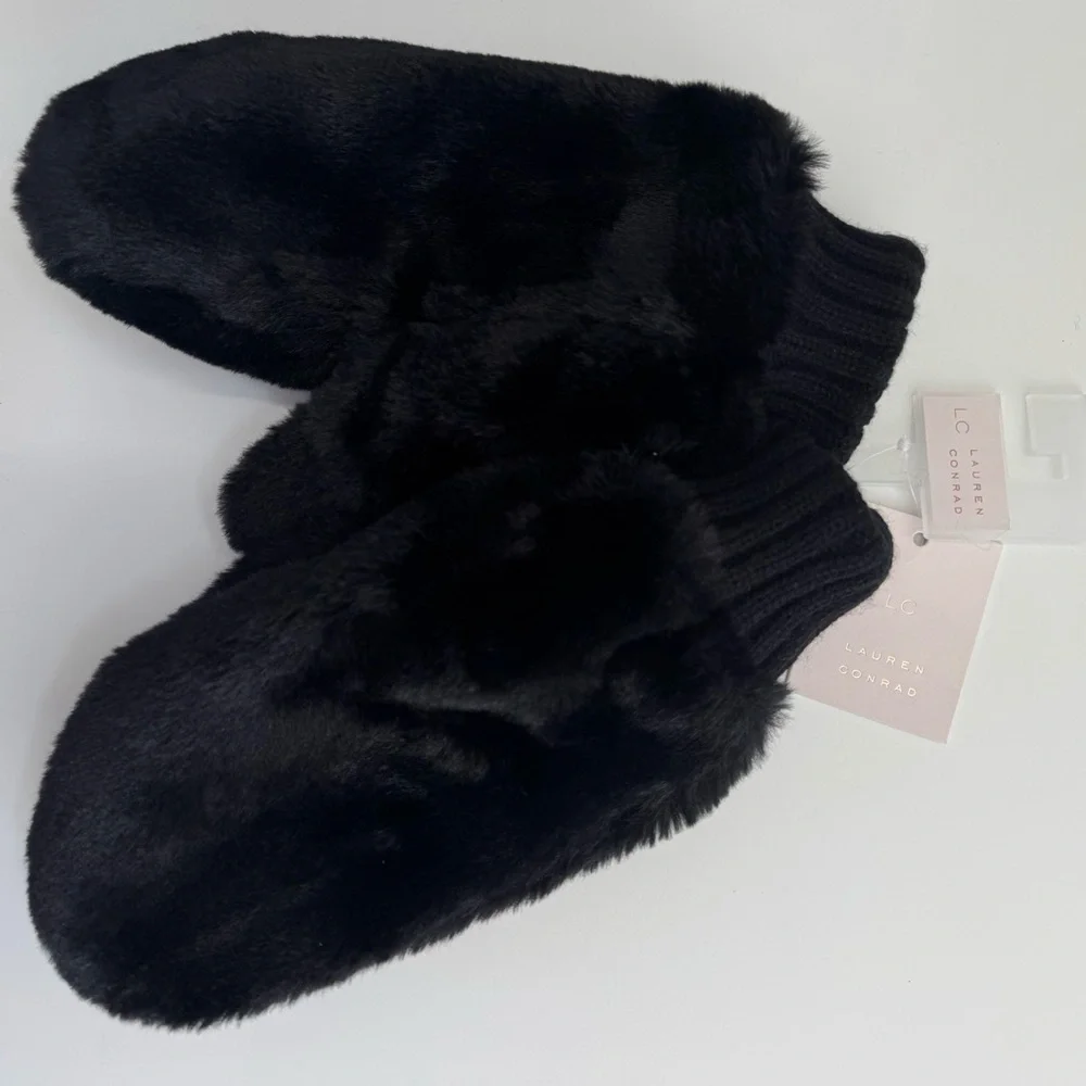 LC Lauren Conrad Faux Fur Black Mittens with Ribbed Cuffs